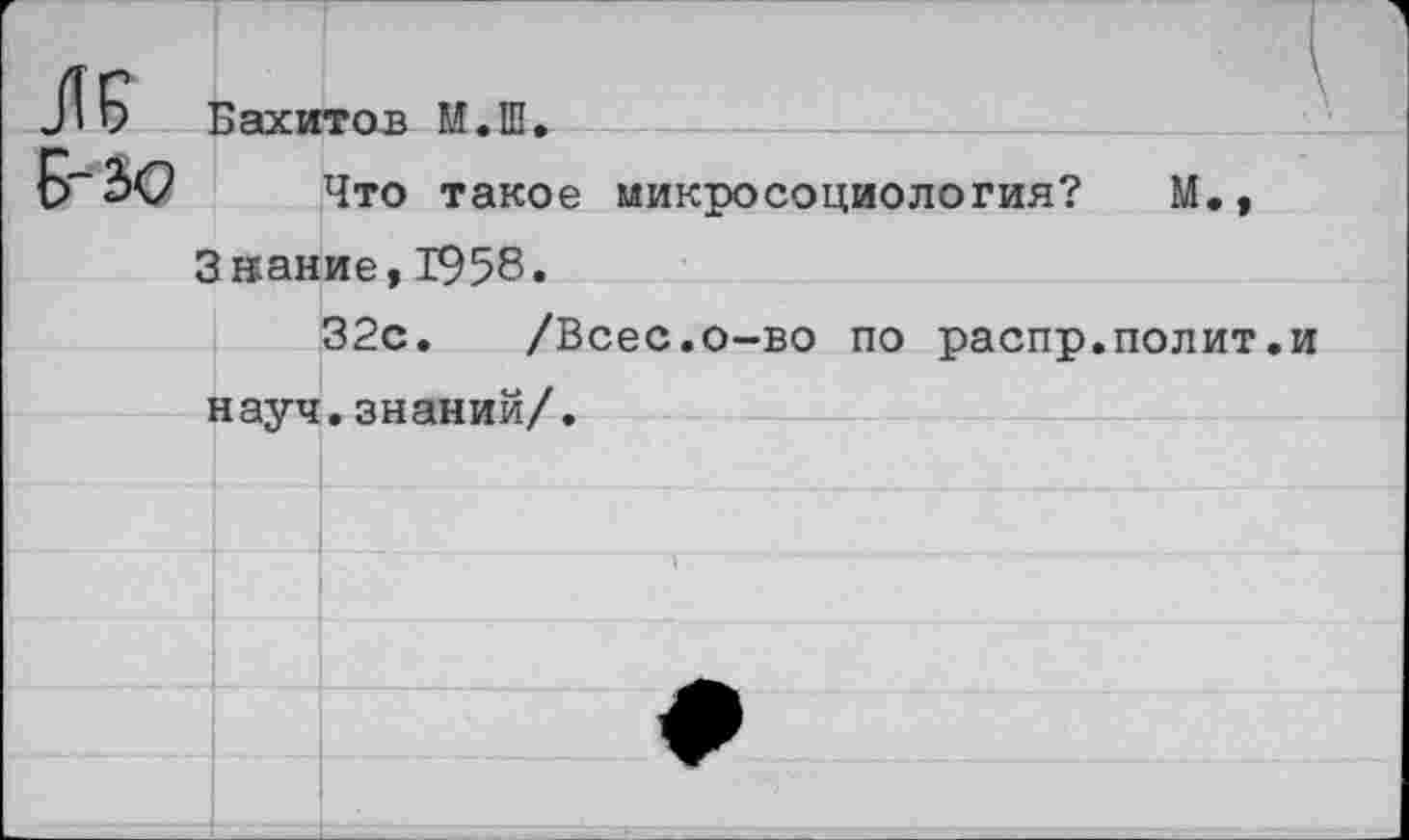 ﻿Вахитов М.Ш
Б-зо
Что такое микросоциология? М., 3 какие, 1958.
32с. /Всес.о-во по распр.полит.и науч.знаний/.